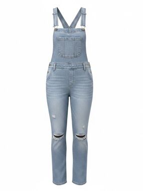 Pink Lily Light Blue Denim Overalls with Distressed Knees - SKU 1144